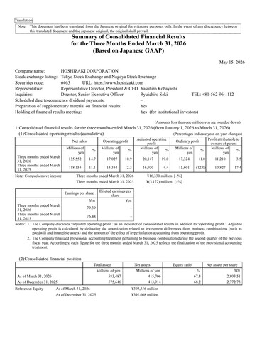 Thumbnail Hoshizaki Corporation Quarterly Report 2026-q1
