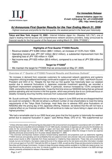 Thumbnail Internet Initiative Japan Inc. Quarterly Report 2005-q1