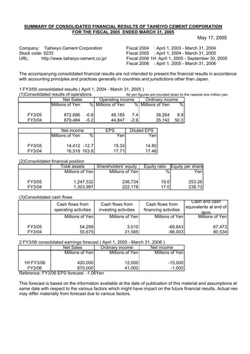 Vorschaubild Taiheiyo Cement Finanzmitteilung fy2005