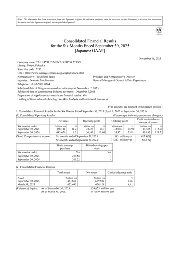 Miniature Taiheiyo Cement Rapport semestriel fy2026-h1