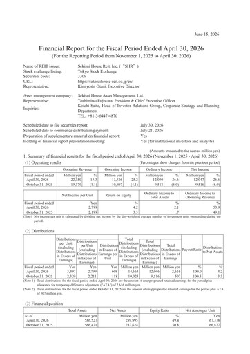 Miniature Sekisui House Reit Rapport financier 2026-h1