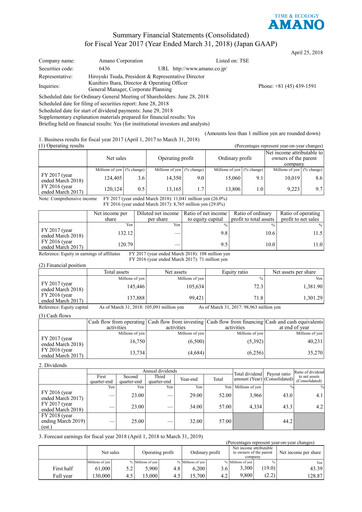Thumbnail Amano Corporation Financial Statement fy2017