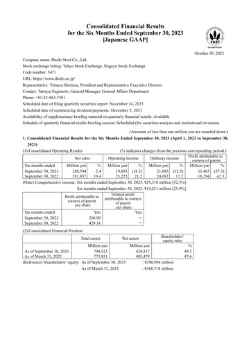 Vorschaubild Daido Steel Quartalsbericht 2023-q2