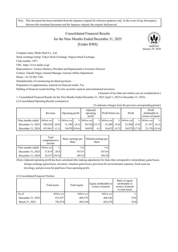 Vorschaubild Daido Steel Quartalsbericht 2025-q3