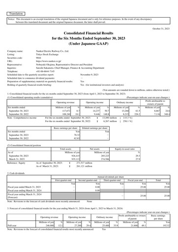 Miniature Nankai Electric Railway Rapport trimestriel 2023-q2
