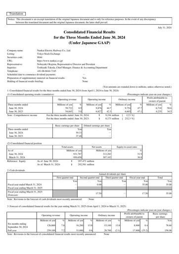 Miniature Nankai Electric Railway Rapport trimestriel 2024-q1