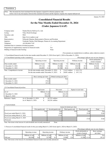 Miniature Nankai Electric Railway Rapport trimestriel 2024-q3