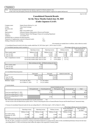 Miniature Nankai Electric Railway Rapport trimestriel 2025-q1