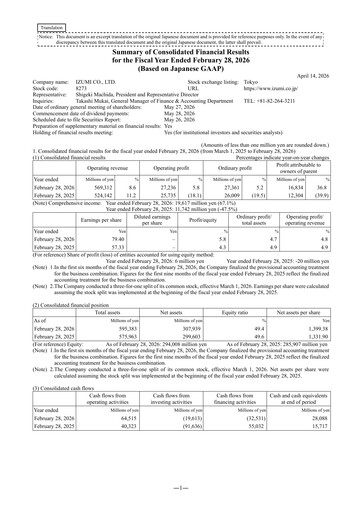 Thumbnail Izumi Co., Ltd. Financial Statement fy2026