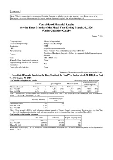 Thumbnail Mizuno Corporation Quarterly Report 2025-q1