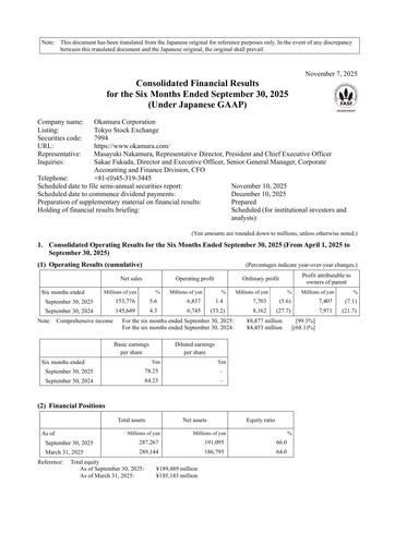 Vorschaubild Okamura Corporation Halbjahresbericht 2026-h1