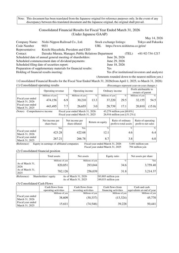 Vorschaubild Nishi-Nippon Railroad Finanzmitteilung fy2026