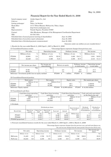 Thumbnail ARIAKE JAPAN Financial Report fy2008