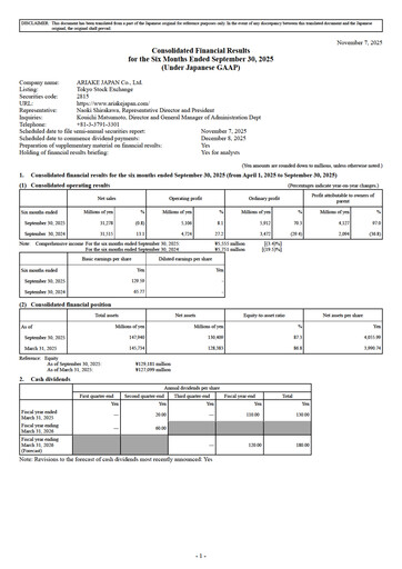 Thumbnail ARIAKE JAPAN Half-year Report fy2025-h1