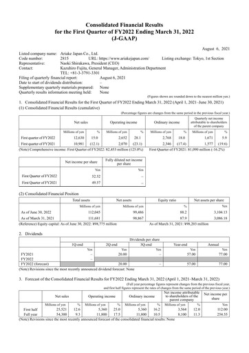 Miniature ARIAKE JAPAN Rapport trimestriel fy2022-q1