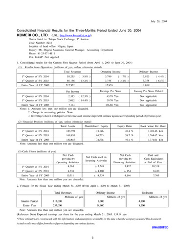 Thumbnail Komeri Co.,Ltd. Quarterly Report 2004-q1