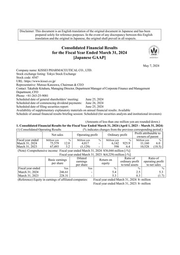 Thumbnail Kissei Pharmaceutical Financial Statement fy2023
