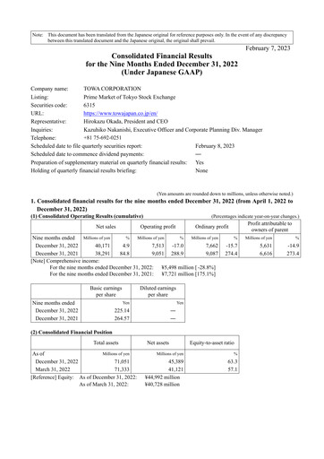 Thumbnail TOWA Corporation Quarterly Report 2022-q3