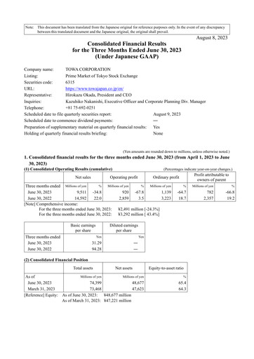 Thumbnail TOWA Corporation Quarterly Report 2023-q1