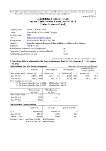 Thumbnail TOWA Corporation Quarterly Report 2024-q1