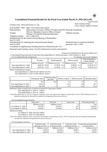 Thumbnail Heiwa Real Estate Financial Statement fy2026