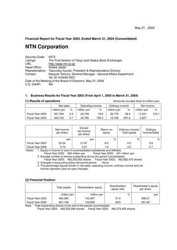Miniature NTN Corporation Rapport financier 2003
