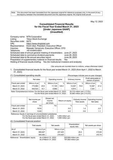 Miniature NTN Corporation Rapport financier 2022