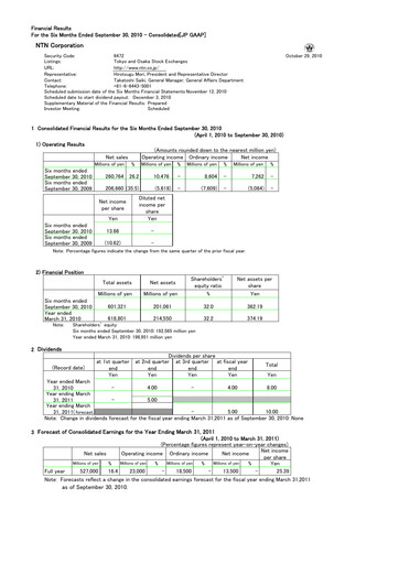 Miniature NTN Corporation Rapport semestriel 2010-h1