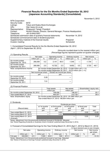Miniature NTN Corporation Rapport semestriel 2012-h1