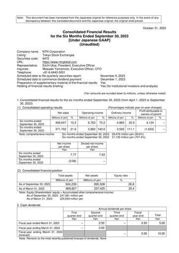 Miniature NTN Corporation Rapport semestriel 2023-h1