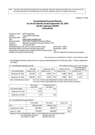 Miniature NTN Corporation Rapport semestriel 2024-h1
