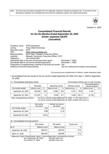 Miniature NTN Corporation Rapport semestriel 2025-h1