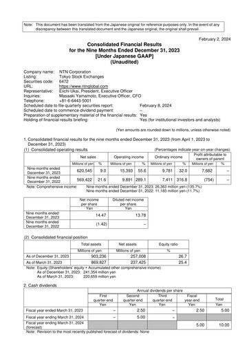 Miniature NTN Corporation Rapport trimestriel 2023-q3