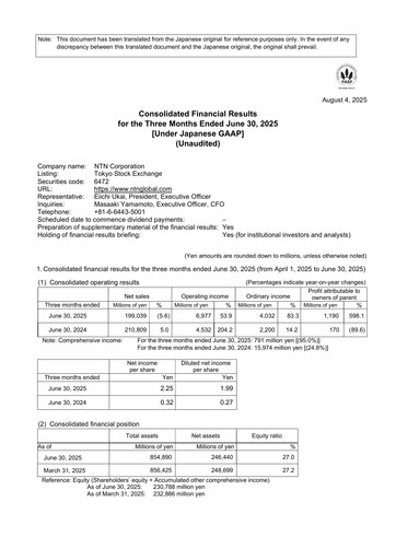 Miniature NTN Corporation Rapport trimestriel 2025-q1