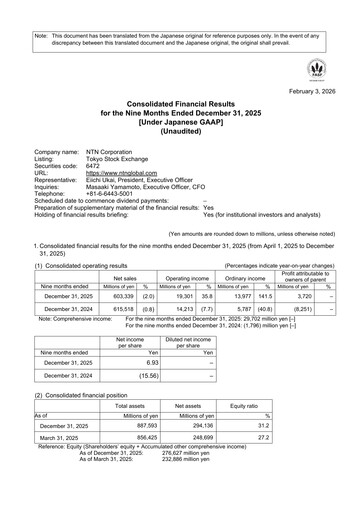 Miniature NTN Corporation Rapport trimestriel 2025-q3