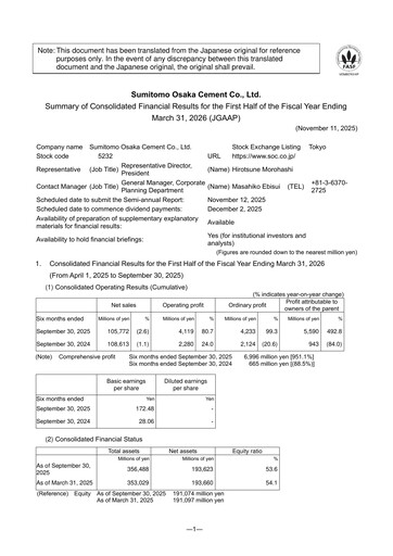 Thumbnail Sumitomo Osaka Cement Half-year Report 2026-h1