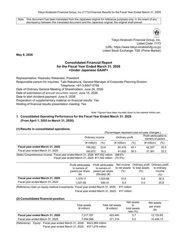 Thumbnail Tokyo Kiraboshi Financial Group Financial Report 2026