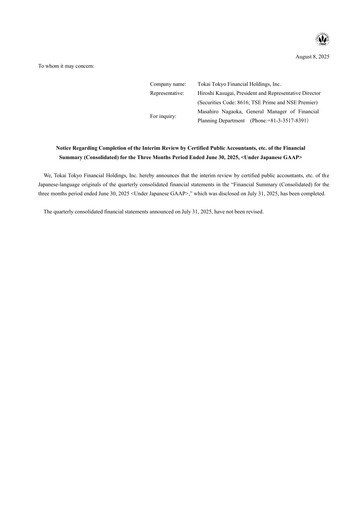 Thumbnail Tokai Tokyo Financial Holdings Quarterly Report 2026-q1