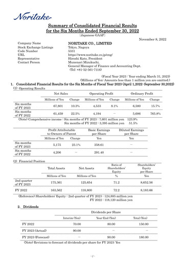 Thumbnail Noritake Half-year Report 2022-h1