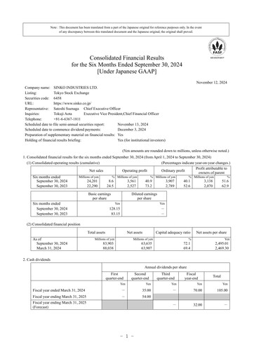 Thumbnail Sinko Industries Half-year Report 2025-h1
