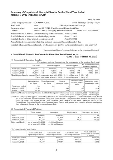 Thumbnail TOCALO Co.,Ltd. Financial Statement fy2021