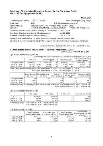 Thumbnail TOCALO Co.,Ltd. Financial Statement fy2023