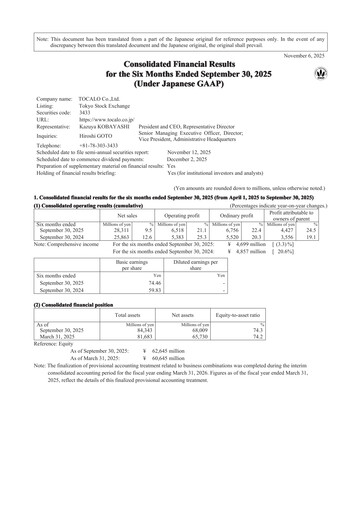 Thumbnail TOCALO Co.,Ltd. Half-year Report 2026-h1