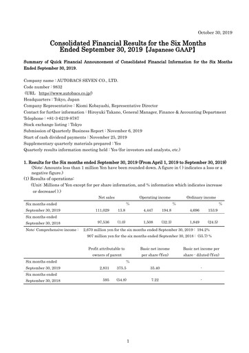 Miniature Autobacs Seven Rapport semestriel 2019-h1