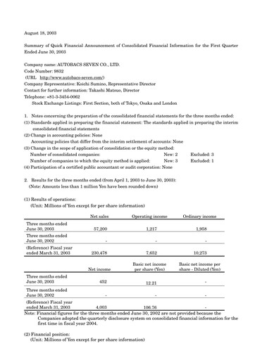 Miniature Autobacs Seven Rapport trimestriel 2003-q1