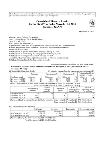 Thumbnail Zojirushi Financial Statement fy2025
