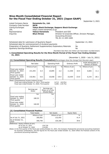 Vorschaubild Kanamoto Quartalsbericht 2021-q3