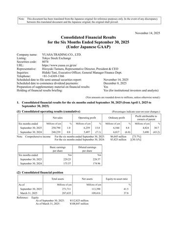 Thumbnail Yuasa Trading Half-year Report 2026-h1