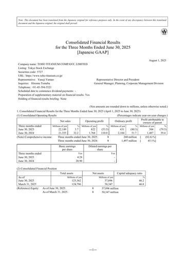 Thumbnail Toho Titanium Quarterly Report 2026-q1