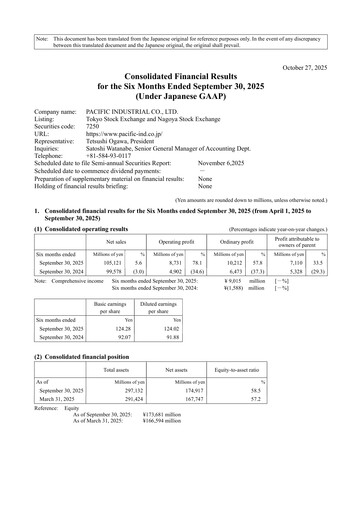 Miniature Pacific Industrial Rapport semestriel 2026-h1